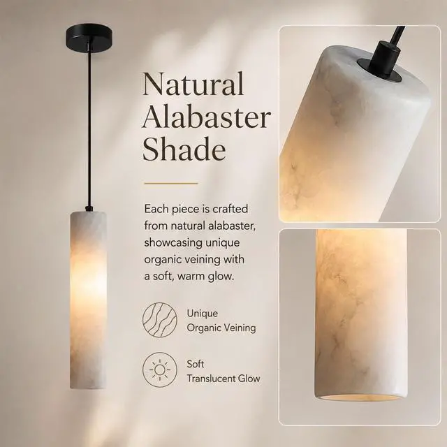 Alt view image 7 of 7 - Natural Alabaster Pendant Light, Marble Long Tube Pendant Light Fixture with Brass Finish, E14 Modern Hanging Ceiling Light for Kitchen Island, Dining Room, Bedroom, Living Room
