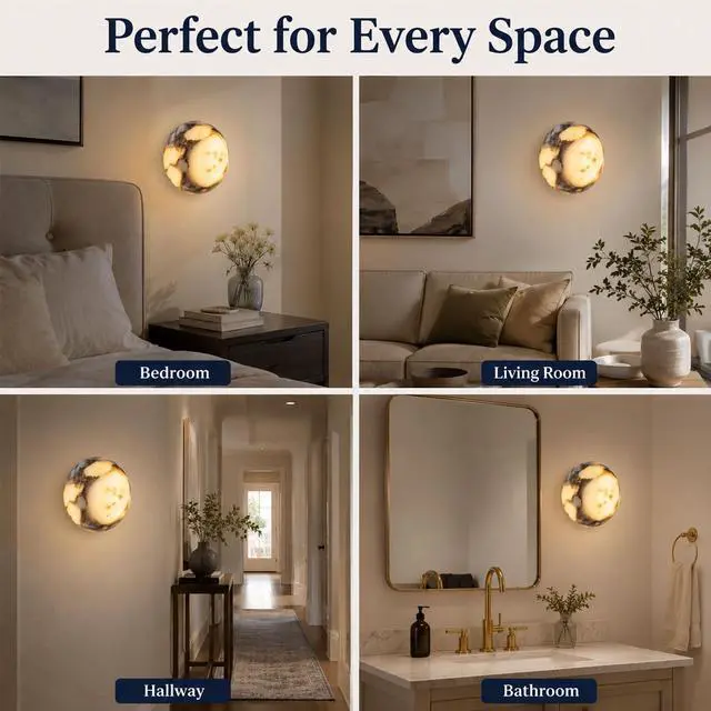 Alt view image 6 of 7 - 4.7 inch Marble Wall Light, Globe Natural Alabaster Wall Sconce, Modern 1-Light Wall Sconce for Bedroom, Living Room, Dining Room, Hallway, Pearl Black