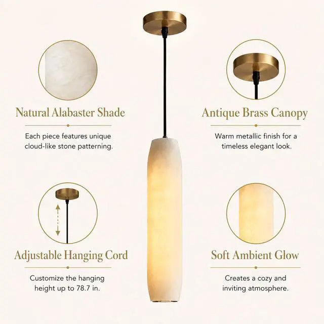 Alt view image 5 of 7 - Alabaster Pendant Lights for Kitchen Island, White Marble Long Tube Adjustable Height Chandelier 15" Gold Brass Ceiling Light Fixtures for Bedroom Dining Room Living Room Hallway
