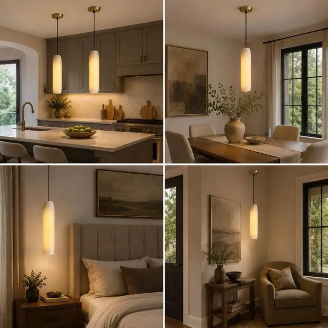 Alt view image 6 of 7 - Alabaster Pendant Lights for Kitchen Island, White Marble Long Tube Adjustable Height Chandelier 15" Gold Brass Ceiling Light Fixtures for Bedroom Dining Room Living Room Hallway