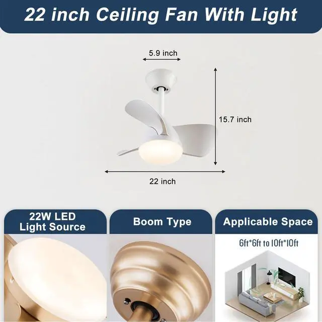 Alt view image 2 of 7 - 22 inch Small Ceiling Fans with Lights Modern Ceiling Fans with Lights and Remote, Dimmable,Reversible, 6 Wind Speeds LED Ceiling Fans for Kitchen Bedroom Dining Room Patio