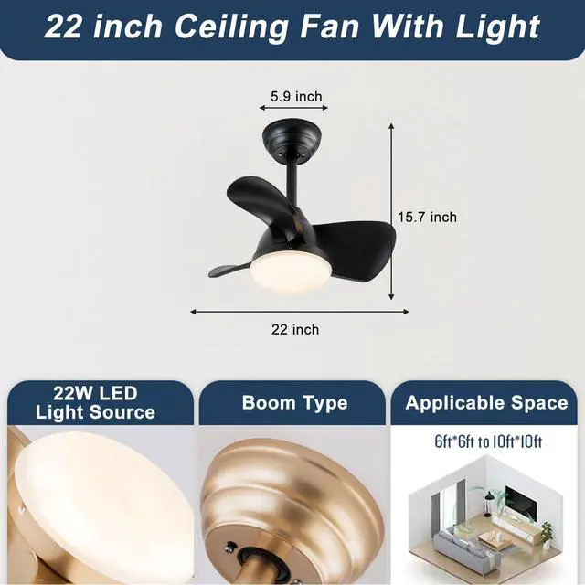 Alt view image 2 of 7 - 22 inch Small Ceiling Fans with Lights Modern Ceiling Fans with Lights and Remote, Dimmable,Reversible, 6 Wind Speeds LED Ceiling Fans for Kitchen Bedroom Dining Room Patio