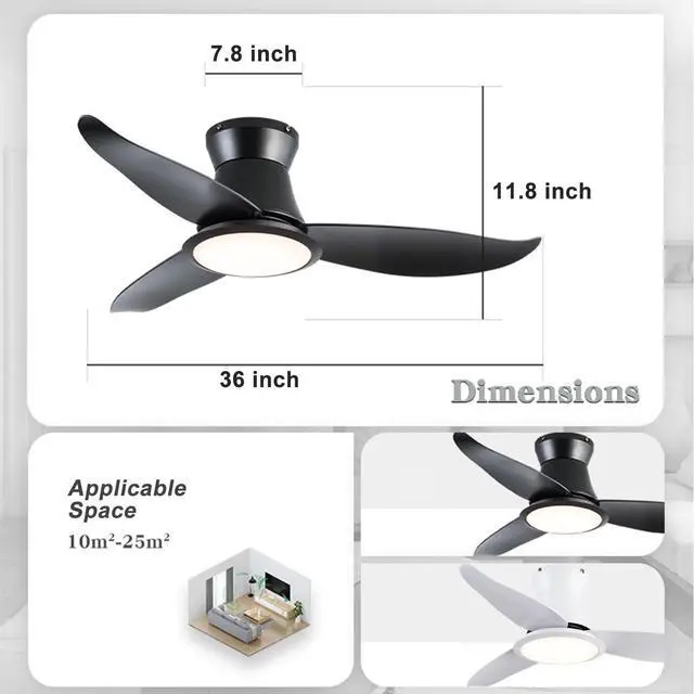 Alt view image 4 of 4 - 36 inch Low Profile Ceiling Fans with Lights Flush Mount Ceiling Fan with Light and Remote Control, Reversible, 3CCT, Dimmable, Noiseless Modern Ceiling Fans for Bedroom Indoor/Outdoor Use