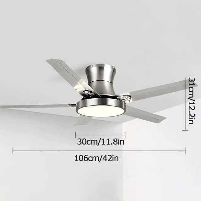 Alt view image 7 of 7 - Modern Flush Mount Ceiling Fan with Lights Stainless Steel Ceiling Fans with Lights and Remote 42 Inch 5-Blade Low Profile Ceiling Fan LED Outdoor Ceiling Fan with Light