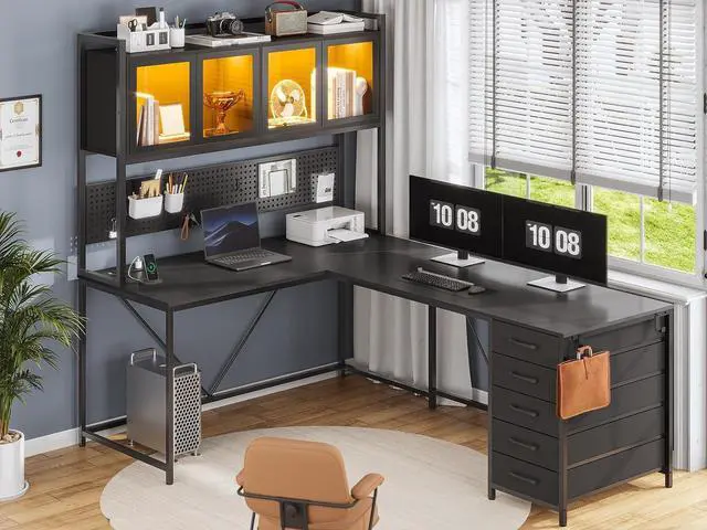 Alt view image 2 of 7 - L Shaped Gaming Desk with Drawers, L Shaped Computer Desk with Hutch and Storage Shelves, Gaming Desk with Pegboard, Led Lights, and Power Outlet, Home Office Desk, Corner Desk, Black