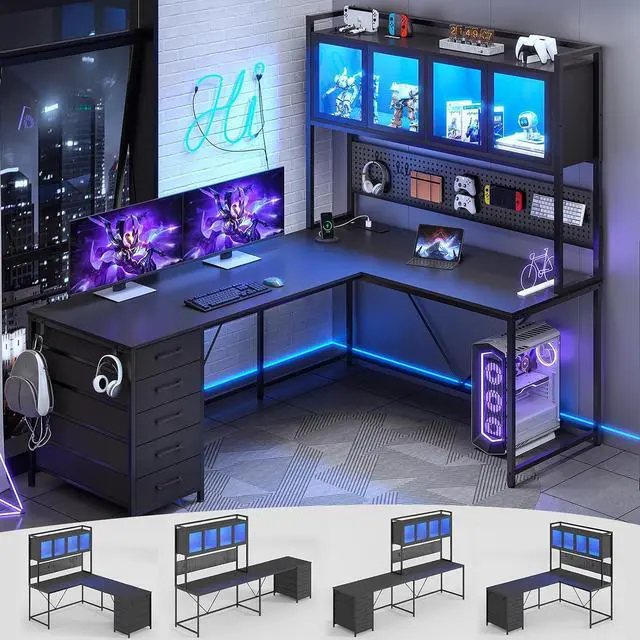 Main image of L Shaped Gaming Desk with Drawers, L Shaped Computer Desk with Hutch and Storage Shelves, Gaming Desk with Pegboard, Led Lights, and Power Outlet, Home Office Desk, Corner Desk, Black