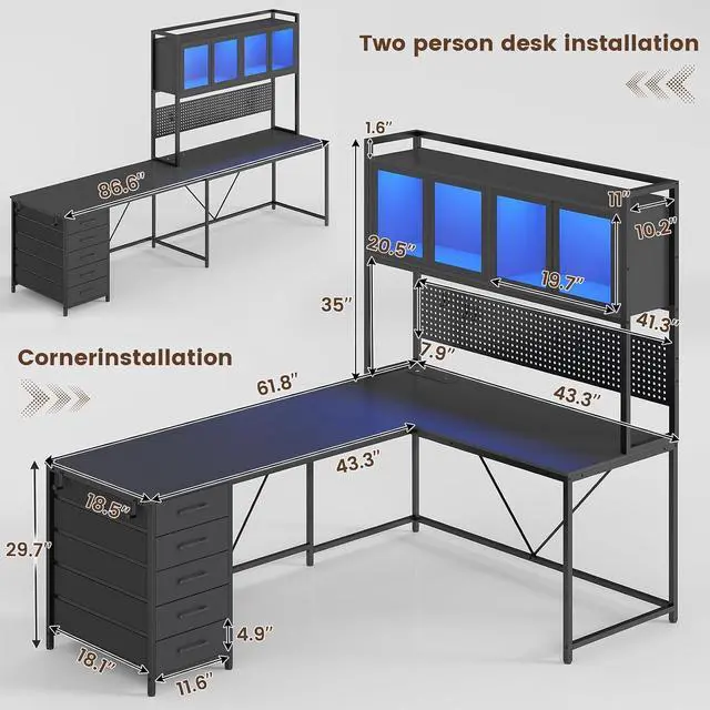 Alt view image 3 of 7 - L Shaped Gaming Desk with Drawers, L Shaped Computer Desk with Hutch and Storage Shelves, Gaming Desk with Pegboard, Led Lights, and Power Outlet, Home Office Desk, Corner Desk, Black