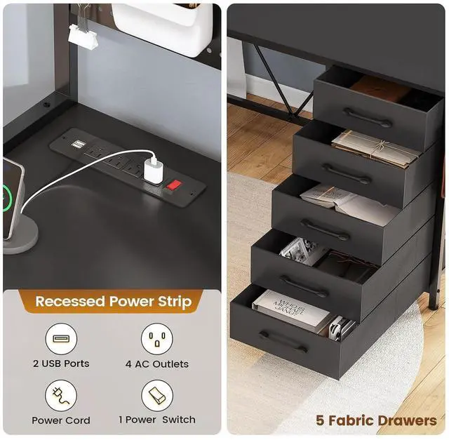 Alt view image 5 of 7 - L Shaped Gaming Desk with Drawers, L Shaped Computer Desk with Hutch and Storage Shelves, Gaming Desk with Pegboard, Led Lights, and Power Outlet, Home Office Desk, Corner Desk, Black