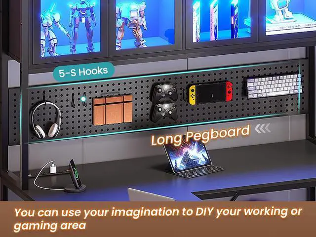 Alt view image 6 of 7 - L Shaped Gaming Desk with Drawers, L Shaped Computer Desk with Hutch and Storage Shelves, Gaming Desk with Pegboard, Led Lights, and Power Outlet, Home Office Desk, Corner Desk, Black