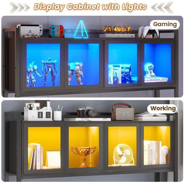 Alt view image 7 of 7 - L Shaped Gaming Desk with Drawers, L Shaped Computer Desk with Hutch and Storage Shelves, Gaming Desk with Pegboard, Led Lights, and Power Outlet, Home Office Desk, Corner Desk, Black