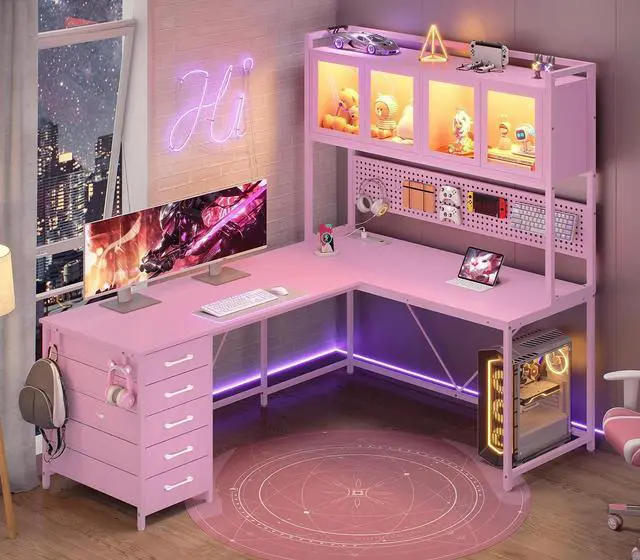 Main image of L Shaped Gaming Desk with Drawers, L Shaped Computer Desk with Hutch and Storage Shelves, Gaming Desk with Pegboard, Led Lights, and Power Outlet, Home Office Desk, Corner Desk, Pink