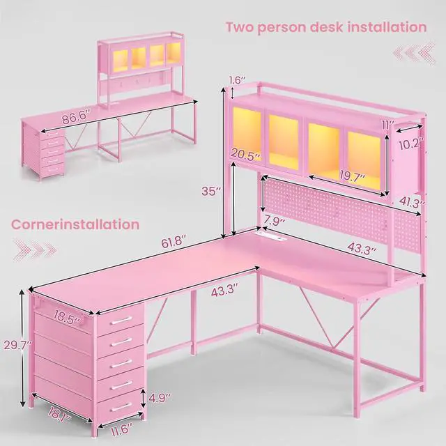 Alt view image 2 of 7 - L Shaped Gaming Desk with Drawers, L Shaped Computer Desk with Hutch and Storage Shelves, Gaming Desk with Pegboard, Led Lights, and Power Outlet, Home Office Desk, Corner Desk, Pink