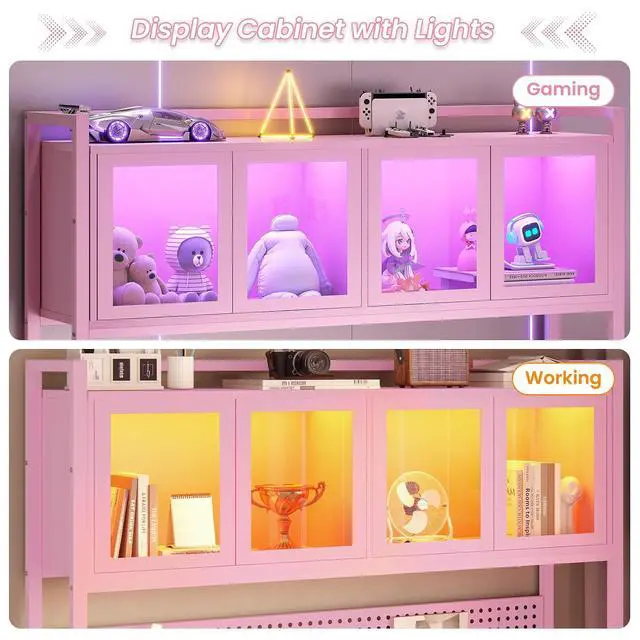 Alt view image 3 of 7 - L Shaped Gaming Desk with Drawers, L Shaped Computer Desk with Hutch and Storage Shelves, Gaming Desk with Pegboard, Led Lights, and Power Outlet, Home Office Desk, Corner Desk, Pink