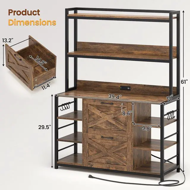 Alt view image 2 of 7 - File Cabinet, Filing Cabinet fits Legal/Letter/A4 Size, 2 Drawer Filing Cabinets for Home Office with Lock, Power Strip and Open Storage Shelves, Rustic Brown