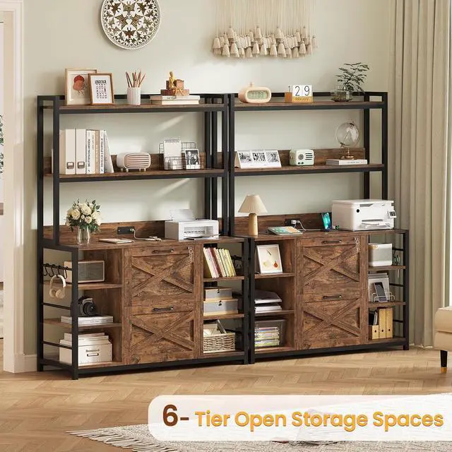 Alt view image 3 of 7 - File Cabinet, Filing Cabinet fits Legal/Letter/A4 Size, 2 Drawer Filing Cabinets for Home Office with Lock, Power Strip and Open Storage Shelves, Rustic Brown