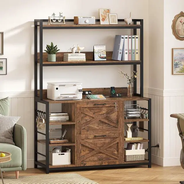 Alt view image 7 of 7 - File Cabinet, Filing Cabinet fits Legal/Letter/A4 Size, 2 Drawer Filing Cabinets for Home Office with Lock, Power Strip and Open Storage Shelves, Rustic Brown