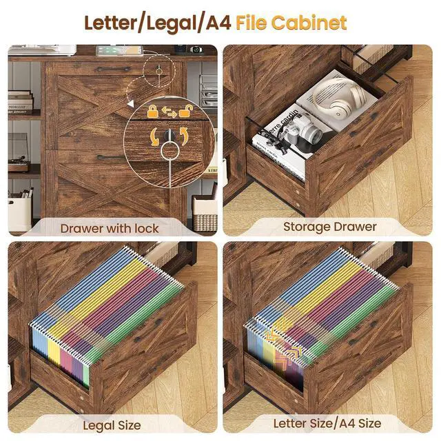 Alt view image 4 of 7 - File Cabinet, Filing Cabinet fits Legal/Letter/A4 Size, 2 Drawer Filing Cabinets for Home Office with Lock, Power Strip and Open Storage Shelves, Rustic Brown