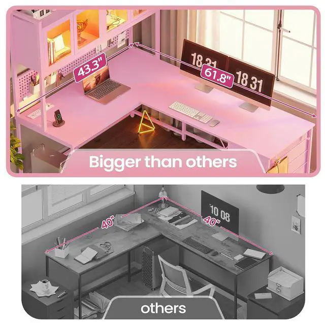 Alt view image 4 of 7 - L Shaped Gaming Desk with Drawers, L Shaped Computer Desk with Hutch and Storage Shelves, Gaming Desk with Pegboard, Led Lights, and Power Outlet, Home Office Desk, Corner Desk, Pink