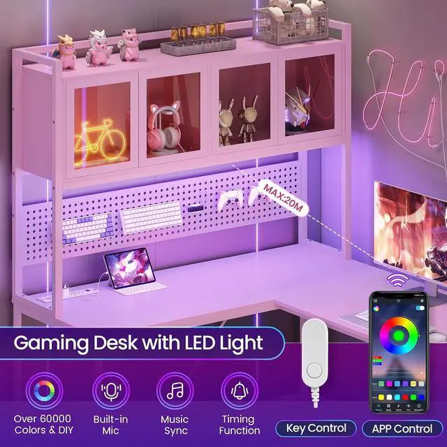 Alt view image 5 of 7 - L Shaped Gaming Desk with Drawers, L Shaped Computer Desk with Hutch and Storage Shelves, Gaming Desk with Pegboard, Led Lights, and Power Outlet, Home Office Desk, Corner Desk, Pink