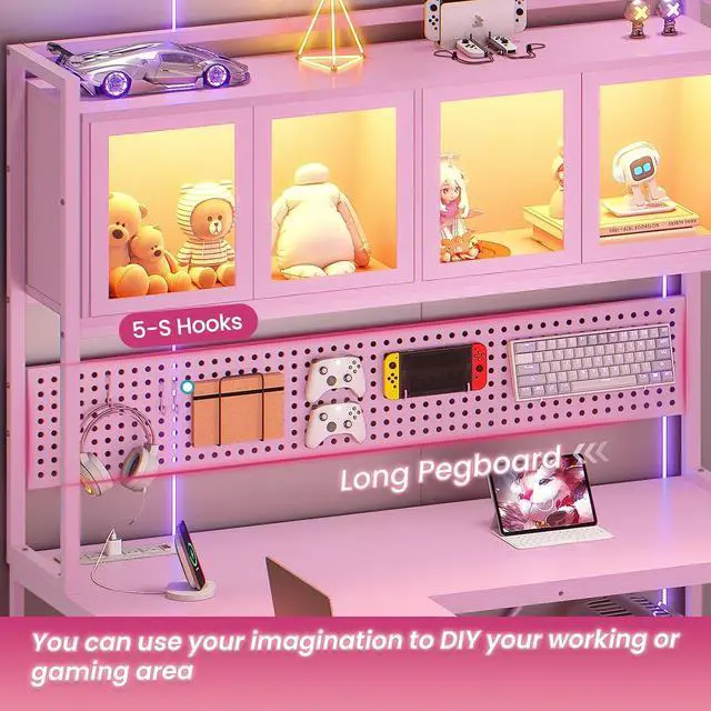 Alt view image 6 of 7 - L Shaped Gaming Desk with Drawers, L Shaped Computer Desk with Hutch and Storage Shelves, Gaming Desk with Pegboard, Led Lights, and Power Outlet, Home Office Desk, Corner Desk, Pink