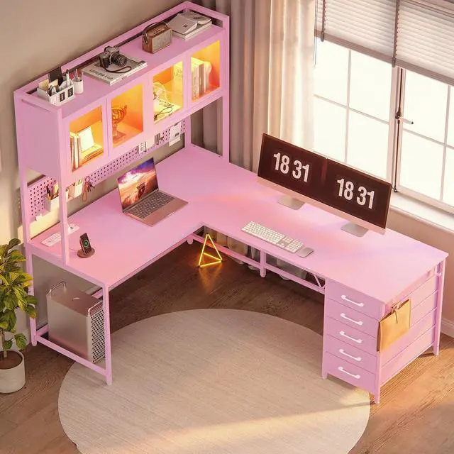 Alt view image 7 of 7 - L Shaped Gaming Desk with Drawers, L Shaped Computer Desk with Hutch and Storage Shelves, Gaming Desk with Pegboard, Led Lights, and Power Outlet, Home Office Desk, Corner Desk, Pink