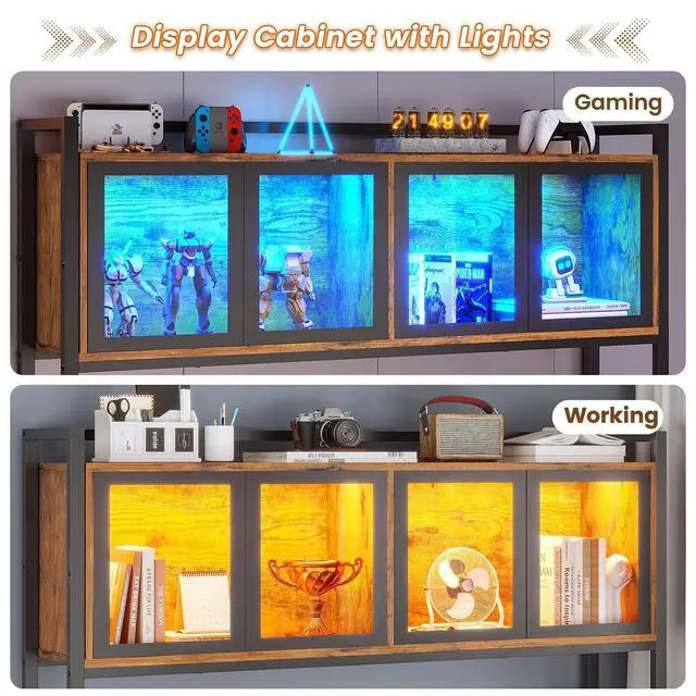 Alt view image 5 of 7 - L Shaped Gaming Desk with Drawers, L Shaped Computer Desk with Hutch and Storage Shelves, Gaming Desk with Pegboard, Led Lights, and Power Outlet, Home Office Desk, Corner Desk, Rustic Brown