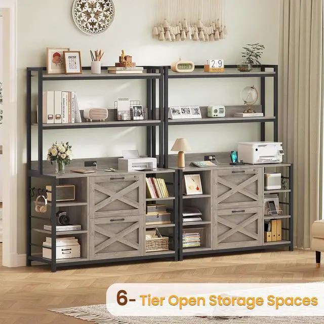 Alt view image 6 of 7 - File Cabinet with Charging Station, Vertical Filing Cabinet with Lock for Home Office, Printer Stand with Open Storage Shelf, Fits Legal/Letter/A4 Size, Grey