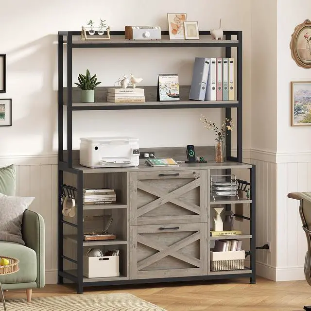 Alt view image 7 of 7 - File Cabinet with Charging Station, Vertical Filing Cabinet with Lock for Home Office, Printer Stand with Open Storage Shelf, Fits Legal/Letter/A4 Size, Grey