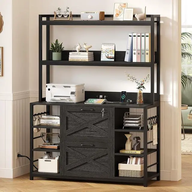 Main image of File Cabinet with Charging Station, Vertical Filing Cabinet with Lock for Home Office, Printer Stand with Open Storage Shelf, Fits Legal/Letter/A4 Size, Black