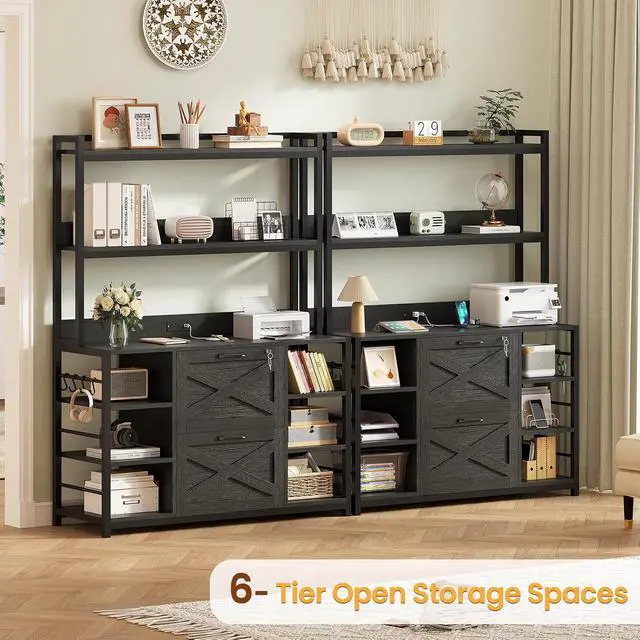 Alt view image 3 of 7 - File Cabinet with Charging Station, Vertical Filing Cabinet with Lock for Home Office, Printer Stand with Open Storage Shelf, Fits Legal/Letter/A4 Size, Black