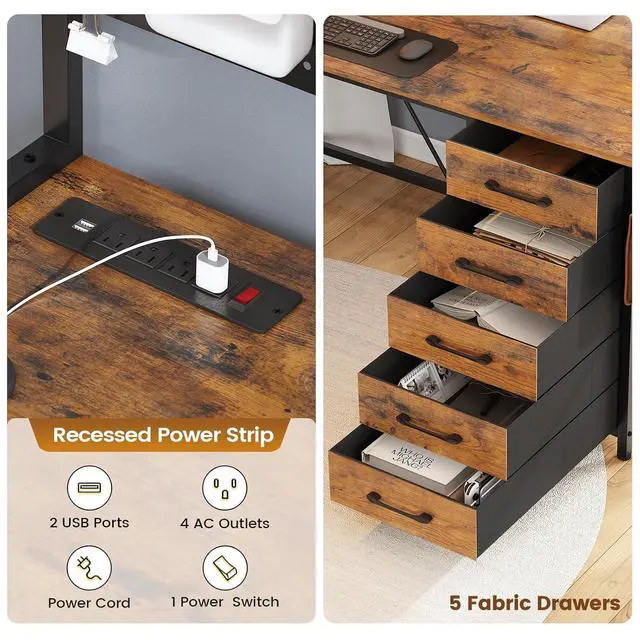 Alt view image 7 of 7 - L Shaped Gaming Desk with Drawers, L Shaped Computer Desk with Hutch and Storage Shelves, Gaming Desk with Pegboard, Led Lights, and Power Outlet, Home Office Desk, Corner Desk, Rustic Brown