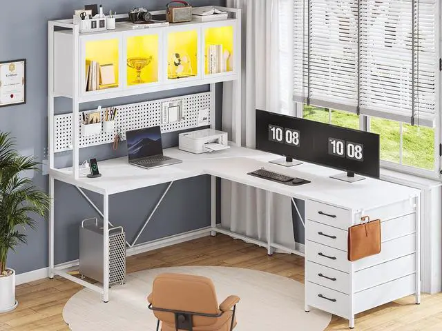 Alt view image 3 of 7 - L Shaped Gaming Desk with Drawers, L Shaped Computer Desk with Hutch and Storage Shelves, Gaming Desk with Pegboard, Led Lights, and Power Outlet, Home Office Desk, Corner Desk, White