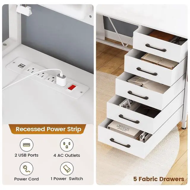 Alt view image 5 of 7 - L Shaped Gaming Desk with Drawers, L Shaped Computer Desk with Hutch and Storage Shelves, Gaming Desk with Pegboard, Led Lights, and Power Outlet, Home Office Desk, Corner Desk, White