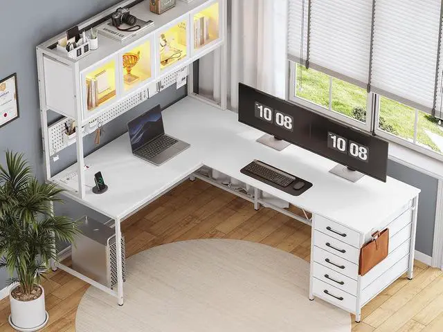 Alt view image 6 of 7 - L Shaped Gaming Desk with Drawers, L Shaped Computer Desk with Hutch and Storage Shelves, Gaming Desk with Pegboard, Led Lights, and Power Outlet, Home Office Desk, Corner Desk, White