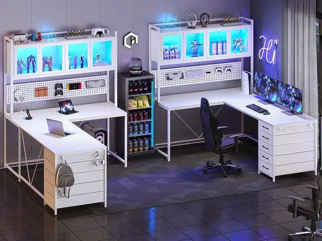 Alt view image 4 of 7 - L Shaped Gaming Desk with Drawers, L Shaped Computer Desk with Hutch and Storage Shelves, Gaming Desk with Pegboard, Led Lights, and Power Outlet, Home Office Desk, Corner Desk, White