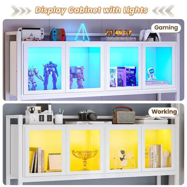 Alt view image 7 of 7 - L Shaped Gaming Desk with Drawers, L Shaped Computer Desk with Hutch and Storage Shelves, Gaming Desk with Pegboard, Led Lights, and Power Outlet, Home Office Desk, Corner Desk, White
