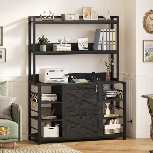 Alt view image 7 of 7 - File Cabinet with Charging Station, Vertical Filing Cabinet with Lock for Home Office, Printer Stand with Open Storage Shelf, Fits Legal/Letter/A4 Size, Black