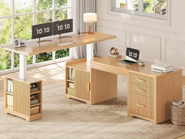 Main image of Fluted L Shaped Electric Standing Desk, 63" x 67" Height Adjustable Home Office Executive Desk with Drawers and Shelves, Two Person Desk with Power Outlet for Home Office, Oak