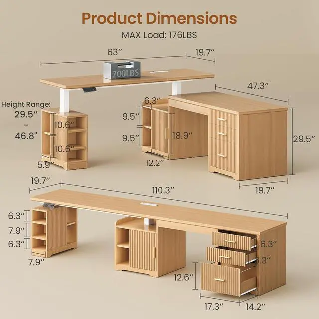 Alt view image 2 of 7 - Fluted L Shaped Electric Standing Desk, 63" x 67" Height Adjustable Home Office Executive Desk with Drawers and Shelves, Two Person Desk with Power Outlet for Home Office, Oak