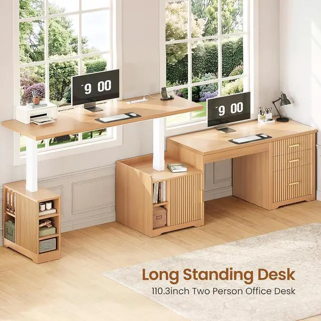 Alt view image 4 of 7 - Fluted L Shaped Electric Standing Desk, 63" x 67" Height Adjustable Home Office Executive Desk with Drawers and Shelves, Two Person Desk with Power Outlet for Home Office, Oak