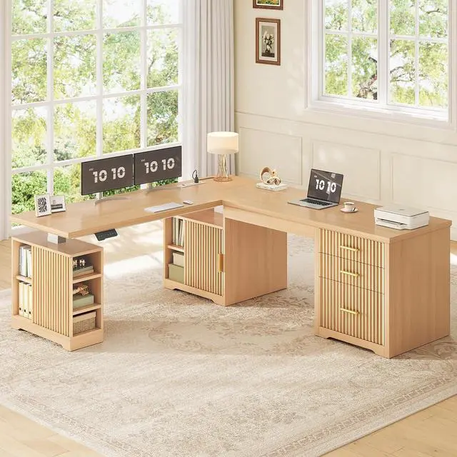 Alt view image 3 of 7 - Fluted L Shaped Electric Standing Desk, 63" x 67" Height Adjustable Home Office Executive Desk with Drawers and Shelves, Two Person Desk with Power Outlet for Home Office, Oak