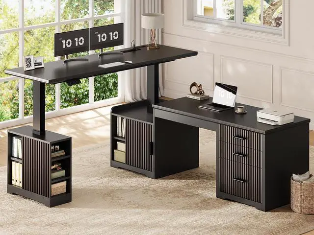 Main image of Fluted L Shaped Electric Standing Desk, 63" x 67" Height Adjustable Home Office Executive Desk with Drawers and Shelves, Two Person Desk with Power Outlet for Home Office, Black