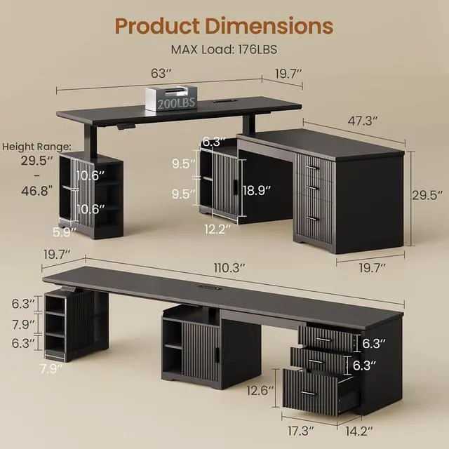 Alt view image 2 of 7 - Fluted L Shaped Electric Standing Desk, 63" x 67" Height Adjustable Home Office Executive Desk with Drawers and Shelves, Two Person Desk with Power Outlet for Home Office, Black