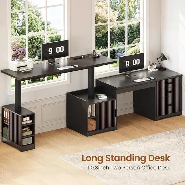 Alt view image 4 of 7 - Fluted L Shaped Electric Standing Desk, 63" x 67" Height Adjustable Home Office Executive Desk with Drawers and Shelves, Two Person Desk with Power Outlet for Home Office, Black