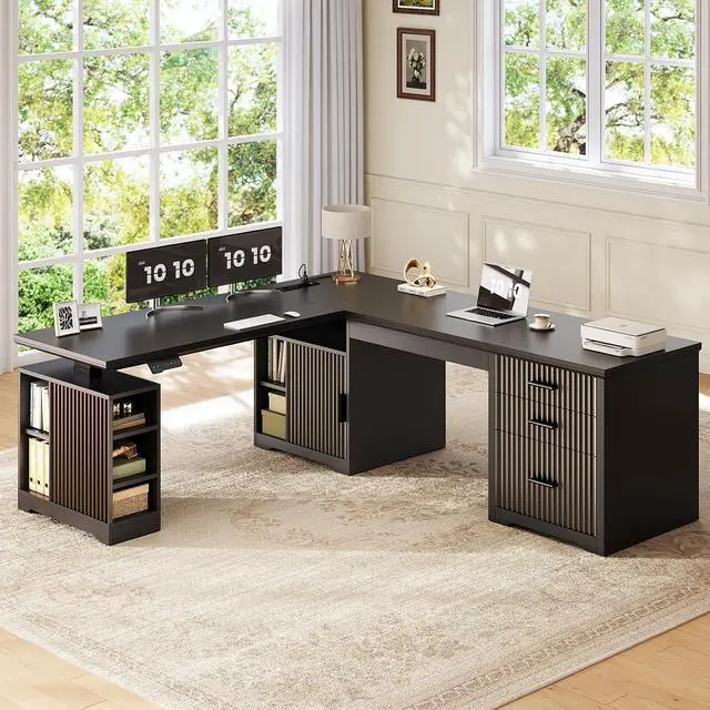 Alt view image 3 of 7 - Fluted L Shaped Electric Standing Desk, 63" x 67" Height Adjustable Home Office Executive Desk with Drawers and Shelves, Two Person Desk with Power Outlet for Home Office, Black