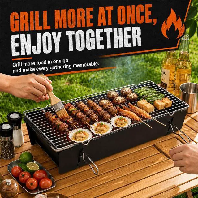 Alt view image 2 of 7 - Portable Charcoal BBQ Grill, Small Foldable Camping Barbecue | Serves 24, FullGrate Cooking Coverage, 3Second Setup, with Carry Bag, Ideal for Outdoor Cooking, Tailgating & Backyard