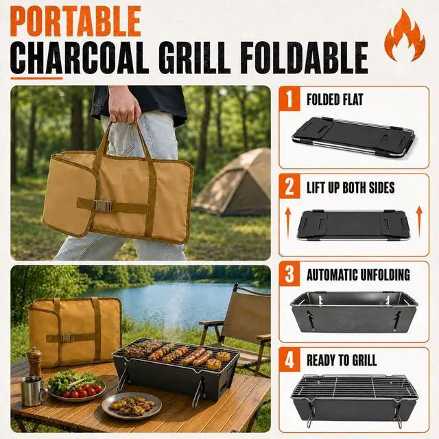 Alt view image 5 of 7 - Portable Charcoal BBQ Grill, Small Foldable Camping Barbecue | Serves 24, FullGrate Cooking Coverage, 3Second Setup, with Carry Bag, Ideal for Outdoor Cooking, Tailgating & Backyard