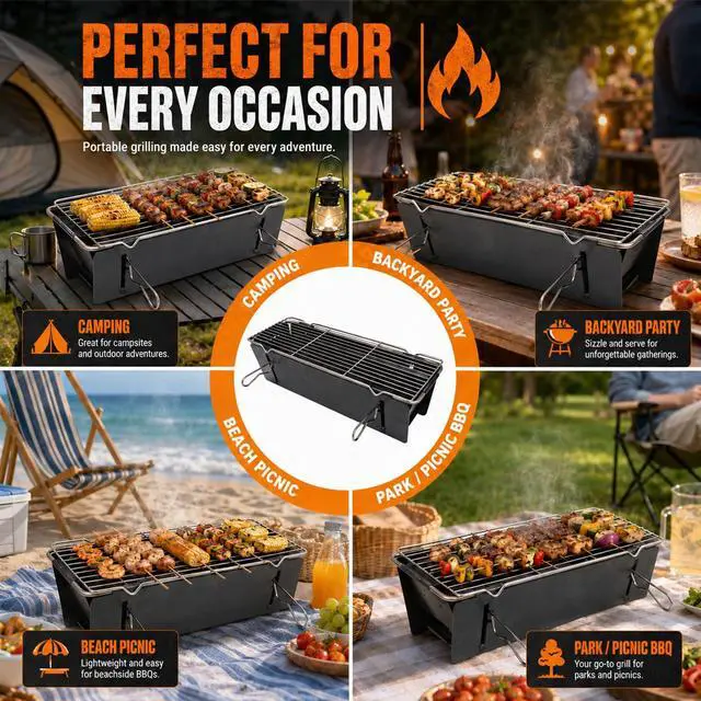 Alt view image 6 of 7 - Portable Charcoal BBQ Grill, Small Foldable Camping Barbecue | Serves 24, FullGrate Cooking Coverage, 3Second Setup, with Carry Bag, Ideal for Outdoor Cooking, Tailgating & Backyard