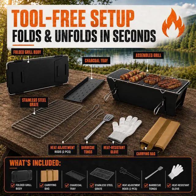 Alt view image 7 of 7 - Portable Charcoal BBQ Grill, Small Foldable Camping Barbecue | Serves 24, FullGrate Cooking Coverage, 3Second Setup, with Carry Bag, Ideal for Outdoor Cooking, Tailgating & Backyard