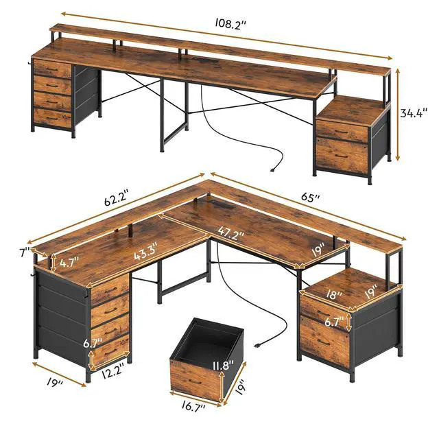 Alt view image 3 of 7 - L Shaped Desk with 6 Drawer, 108" Home Office Desk with File Drawer & Power Outlet, Corner Computer Desk with Monitor Shelf, Two Person Desk, Gaming Desk with Led Lights, Rustic Brown